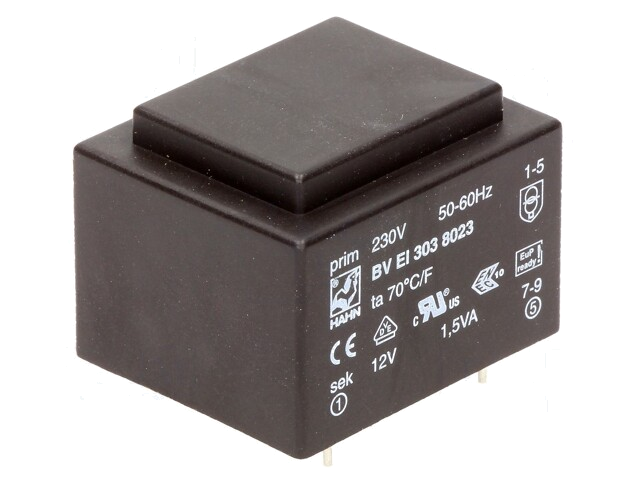 Transformator: ingegoten; 1,5VA; 230VAC; 12V; 125mA; PCB; BVEI Transformator: ingegoten; 1,5VA; 230VAC; 12V; 125mA; PCB; BVEI